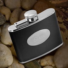 Engraved Stainless Steel Black Leather Flasks