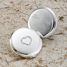Engraved Faux Crystal Heart Silver Plated Travel Compact