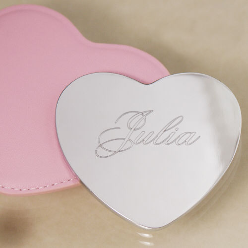 Engraved Bridesmaid Silver Heart Mirror with Pink Leather Case
