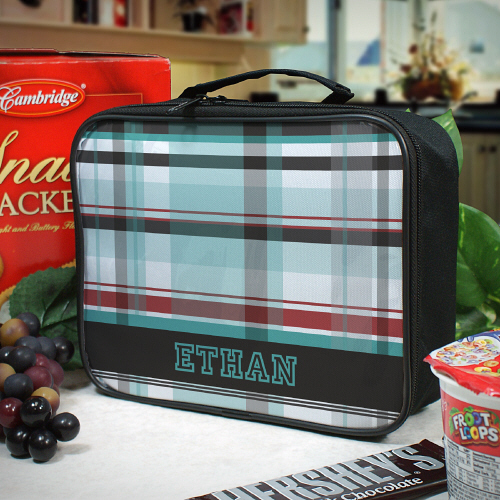 Personalized Blue Plaid Children's Lunch Totes