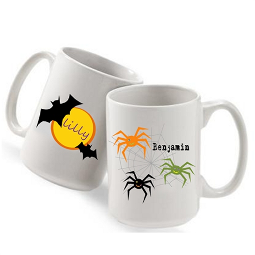 Bats over the Moon or Web of Spiders Personalized Halloween Mugs