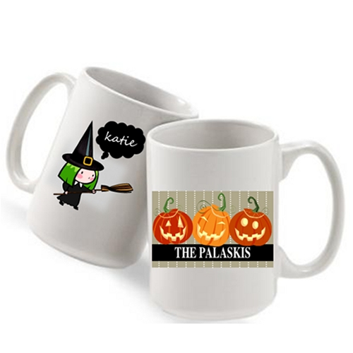 Witch on a Broom or Pumpkin Family Personalized Halloween Mugs