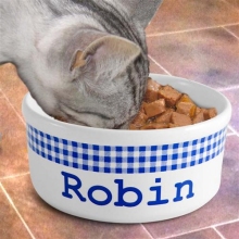 Blue Gingham Personalized 5.25" Cat Food Bowls