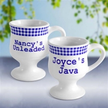 Personalized Blue Gingham Pedestal Coffee Mugs