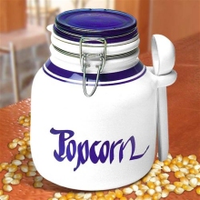 Small Cobalt Blue and White Popcorn Canister with Spoon
